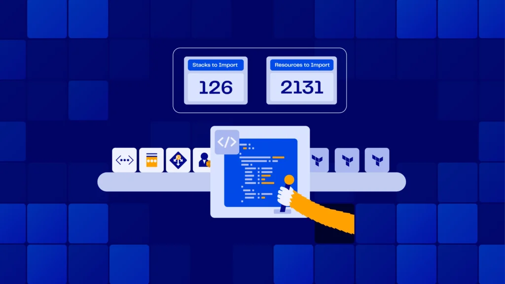 Illustration of Azure Terraform Import process showing a dashboard with 126 stacks and 2131 resources to import, with icons of Azure DevOps, Azure services, and Terraform alongside a control panel operated by a monkey’s hand.