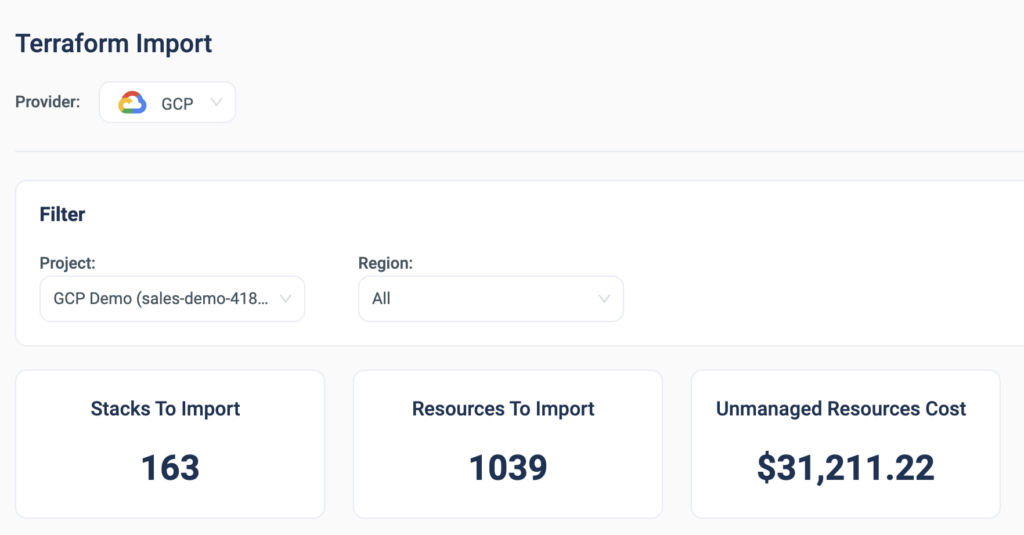 Dashboard of the new GCP Terraform Import