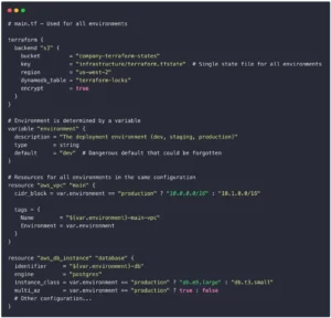 Terraform configuration example showing a single backend state file and environment selection via a variable, leading to potential risks