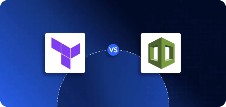 Terraform vs AWS CloudFormation comparison visual - infrastructure as code (IaC) tools overview showing Terraform Cloud and AWS CloudFormation icons side-by-side.