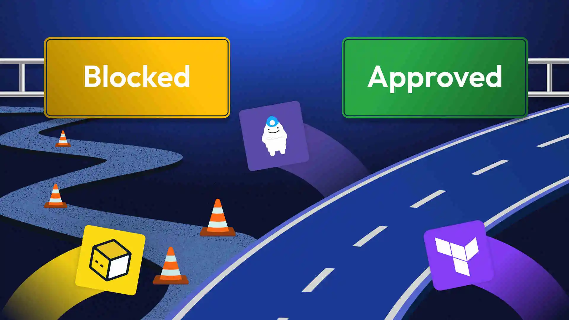 T shape road with Terraform and OpenTufo modules with 2 signs - approve or denied