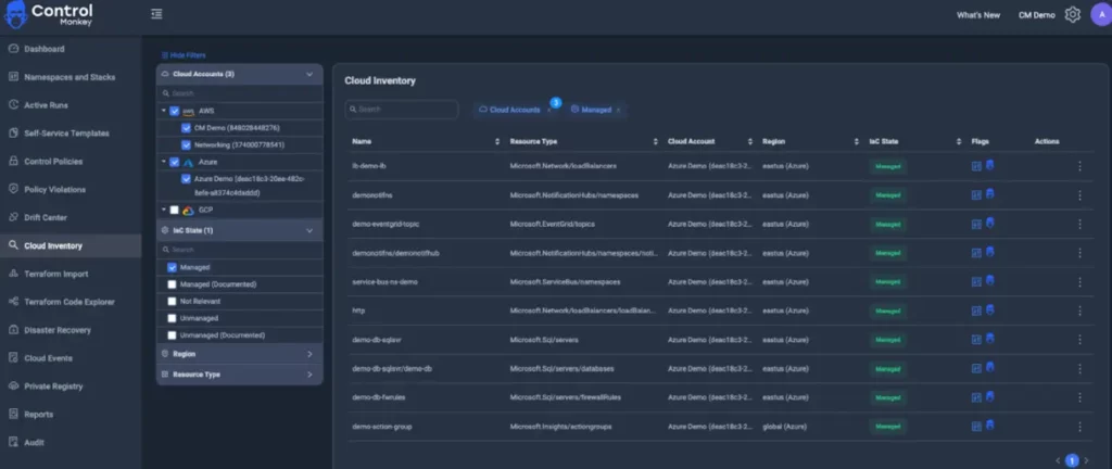 Screenshot from ControlMonkey platform showing cross cloud visibility from GCP, AWS and Azure
