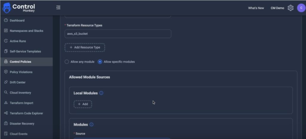 Screenshot of GUI Showcasing how to provision Terraform with policys