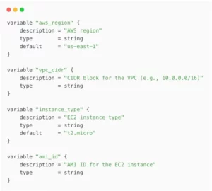 Terraform variable declarations for configuring AWS region, VPC CIDR block, EC2 instance type, and AMI ID, including default values for region (us-east-1) and instance type (t2.micro).