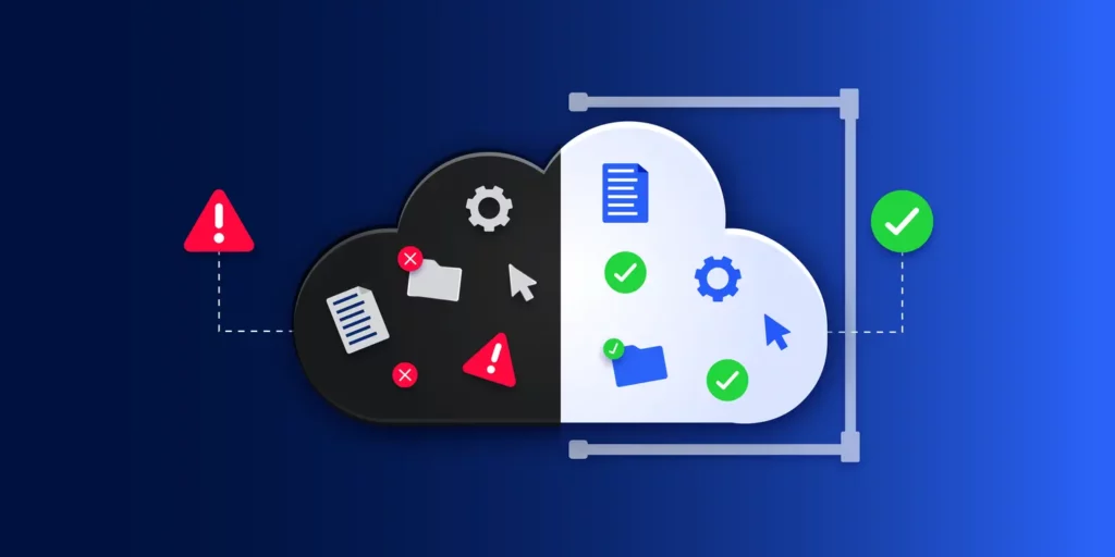 Cloud governance framework illustration showing transition from misconfigured to compliant infrastructure