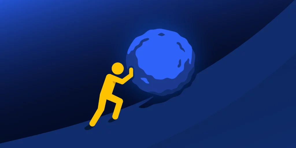 DevOps engineer figure pushing a heavy boulder uphill, symbolizing engineering toil and repetitive cloud work