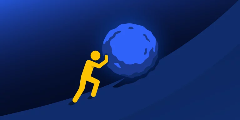 DevOps engineer figure pushing a heavy boulder uphill, symbolizing engineering toil and repetitive cloud work