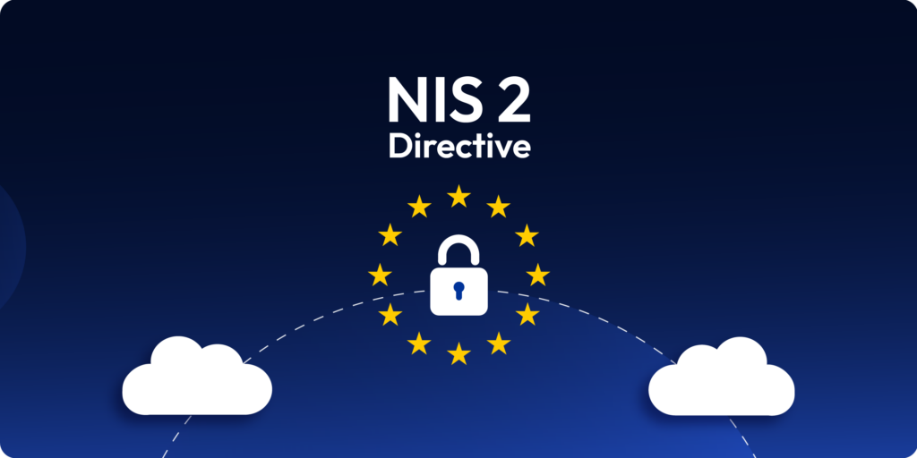 Illustration of the NIS2 Directive with EU stars, a security lock, and cloud icons—representing DevOps compliance in cloud environments.