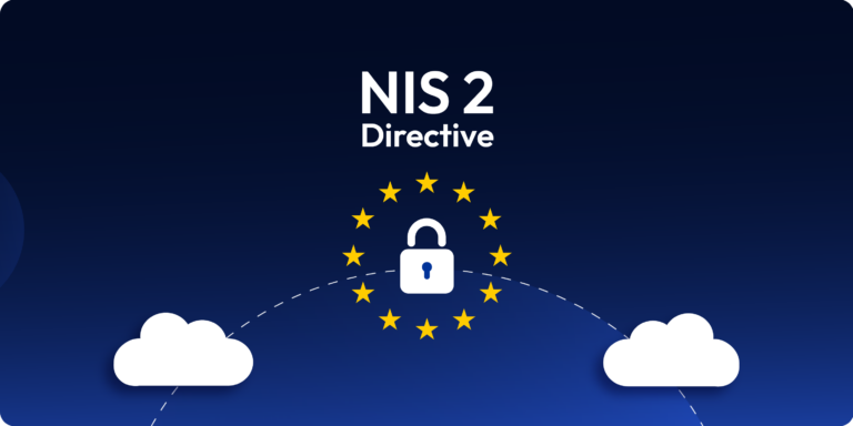 Illustration of the NIS2 Directive with EU stars, a security lock, and cloud icons—representing DevOps compliance in cloud environments.