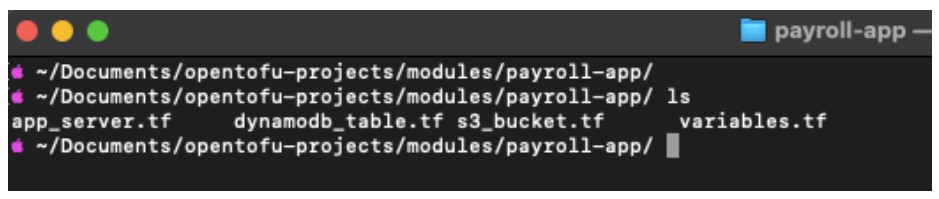 Terminal screenshot showing OpenTofu payroll-app module directory with app_server.tf, dynamodb_table.tf, s3_bucket.tf, and variables.tf files.