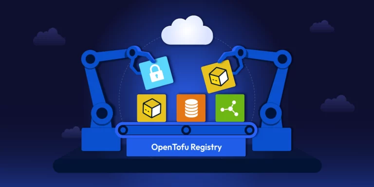 Illustration of OpenTofu Registry automating reusable infrastructure modules with icons for security, compute, database, and networking.