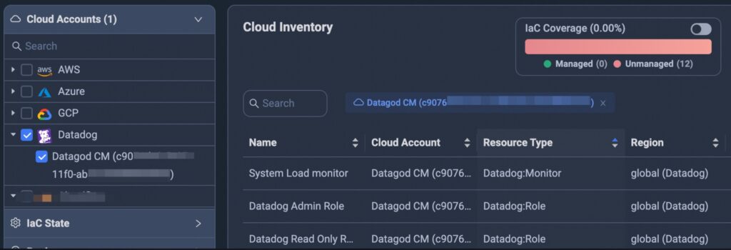 Screenshot of ControlMonkey showing Datadog account integration with cloud inventory, unmanaged resource detection, and IaC coverage status.