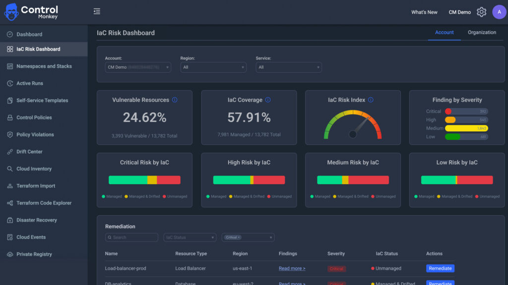 Screenshot of ControlMonkey's IaC Risk Index dashboard showing Terraform coverage, vulnerable resources, risk levels, and remediation actions.
