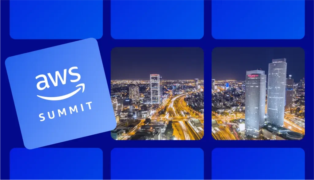 Visual of Tel Aviv with AWS Summit Tel Aviv 2025 event logo.