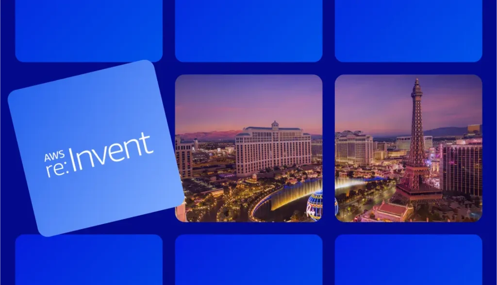 Visual of Las Vegas with AWS re:Invent 2025 event logo.