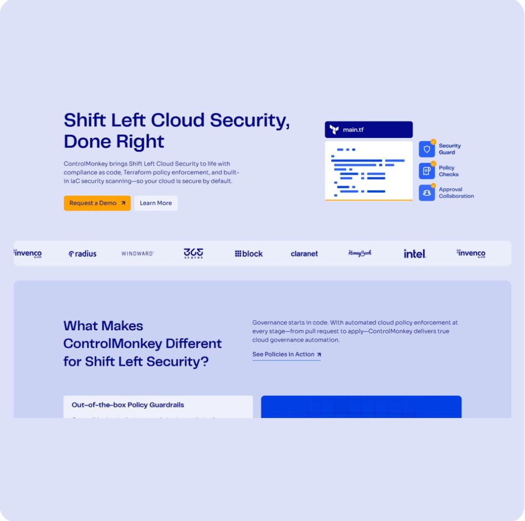 Screenshot of Shift Left Security page of ControlMonkey website