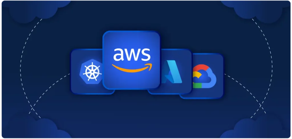 AWS cloud icon centered with Kubernetes, Azure, and Google Cloud logos in the background, representing Terraform provider support for multi-cloud infrastructure.