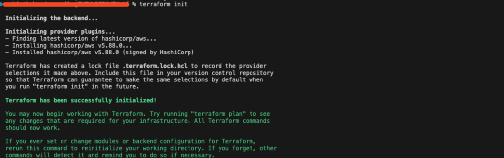 Screenshot of the terminal output after running terraform init, showing successful initialization and AWS provider installation in Terraform.