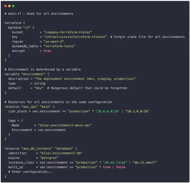 Terraform configuration example showing a single backend state file and environment selection via a variable, leading to potential risks