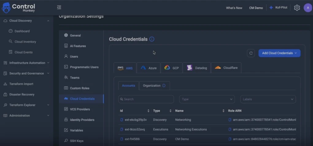 Screenshot of Cloudflare IaC Integration GUI from ControlMonkey.