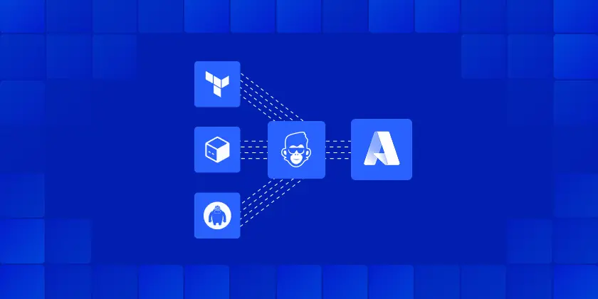 Visual of ControlMonkey Icon, Azure Organization Integration Support, Terraform and OpenTufo supporting each other