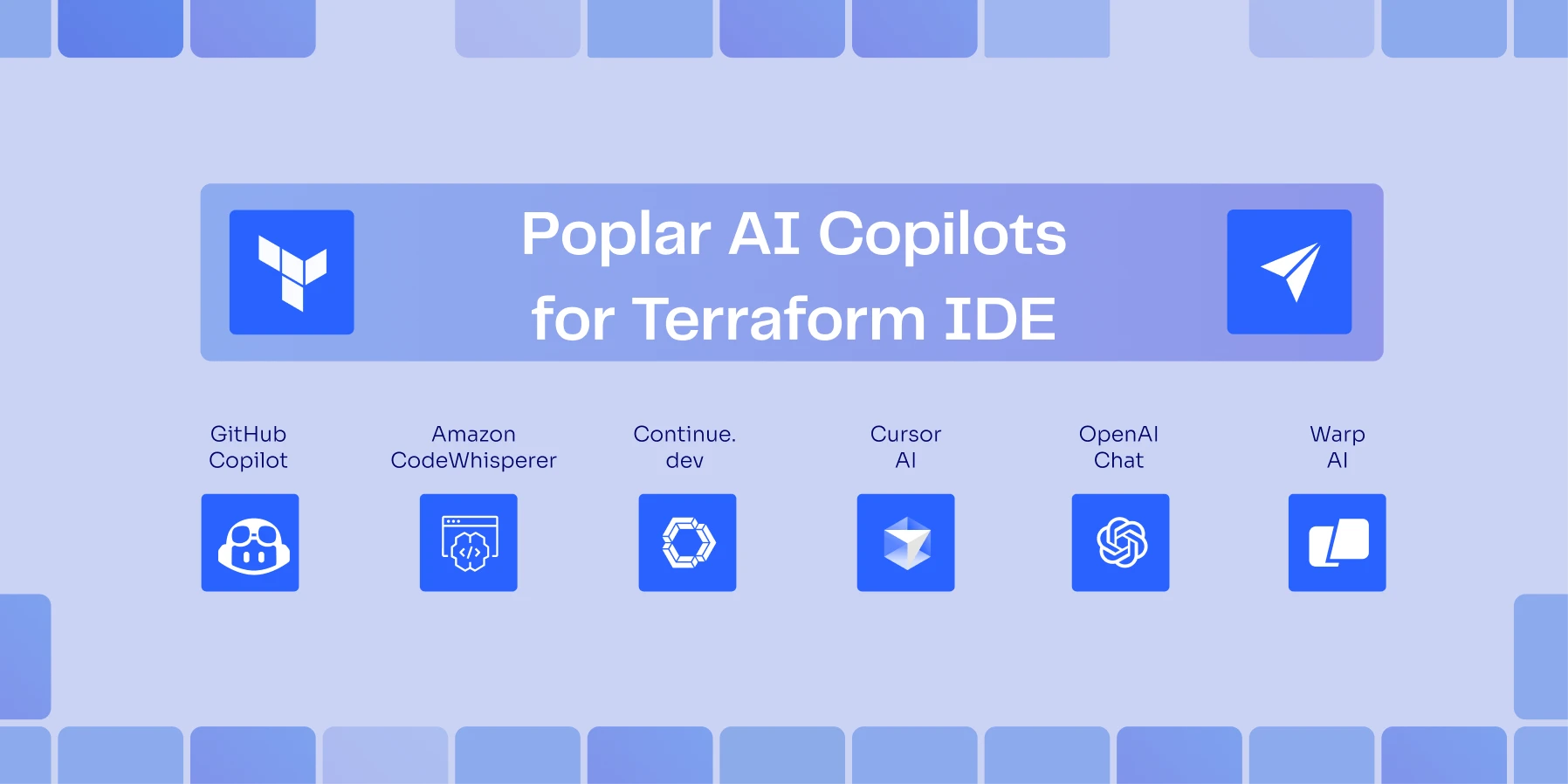 Examples of AI coding assistants that support Terraform in IDEs and CLI: Amazon CodeWhisperer, Continue.dev, Cursor AI, OpenAI Chat, GitHub Copilot, Warp AI