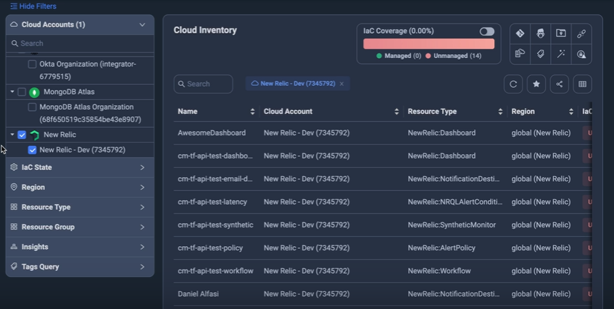 ControlMonkey GUI Showinf New Relic Backup